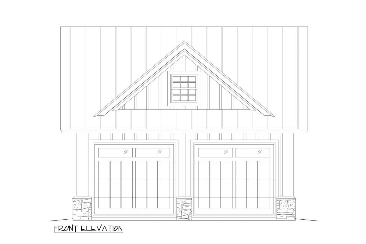 Front elevation of a two-car garage with gabled dormer, panel doors, and stone accents.