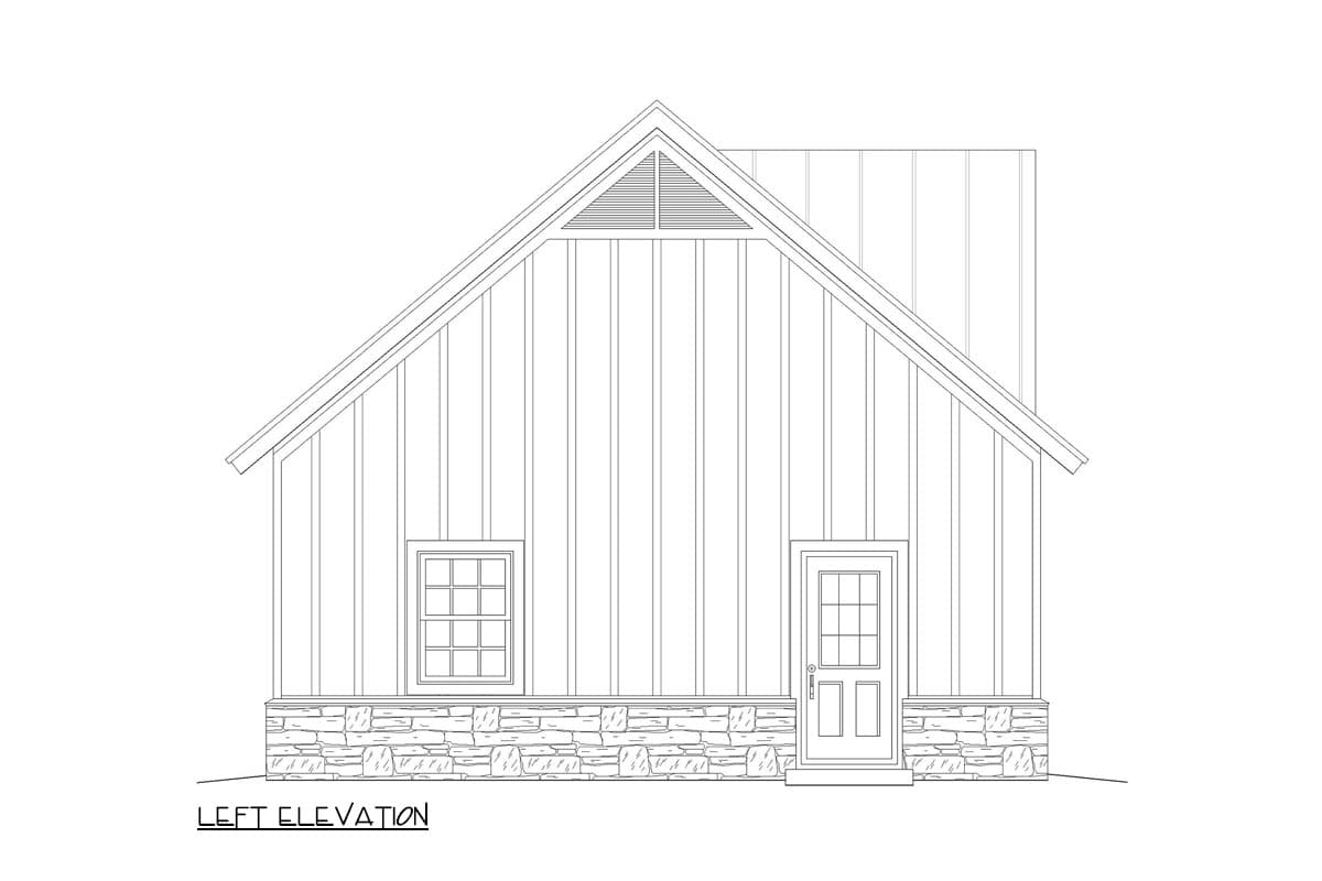 Left elevation house plan showing a gabled roof, vertical siding, stone base, one window, and one door.