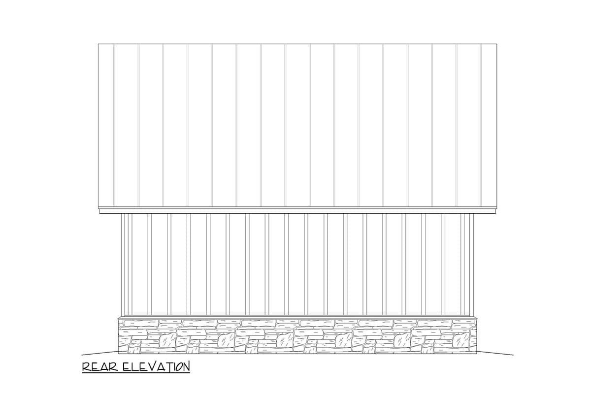 Rear elevation drawing of a house plan with vertical siding, support posts, and a stone foundation.
