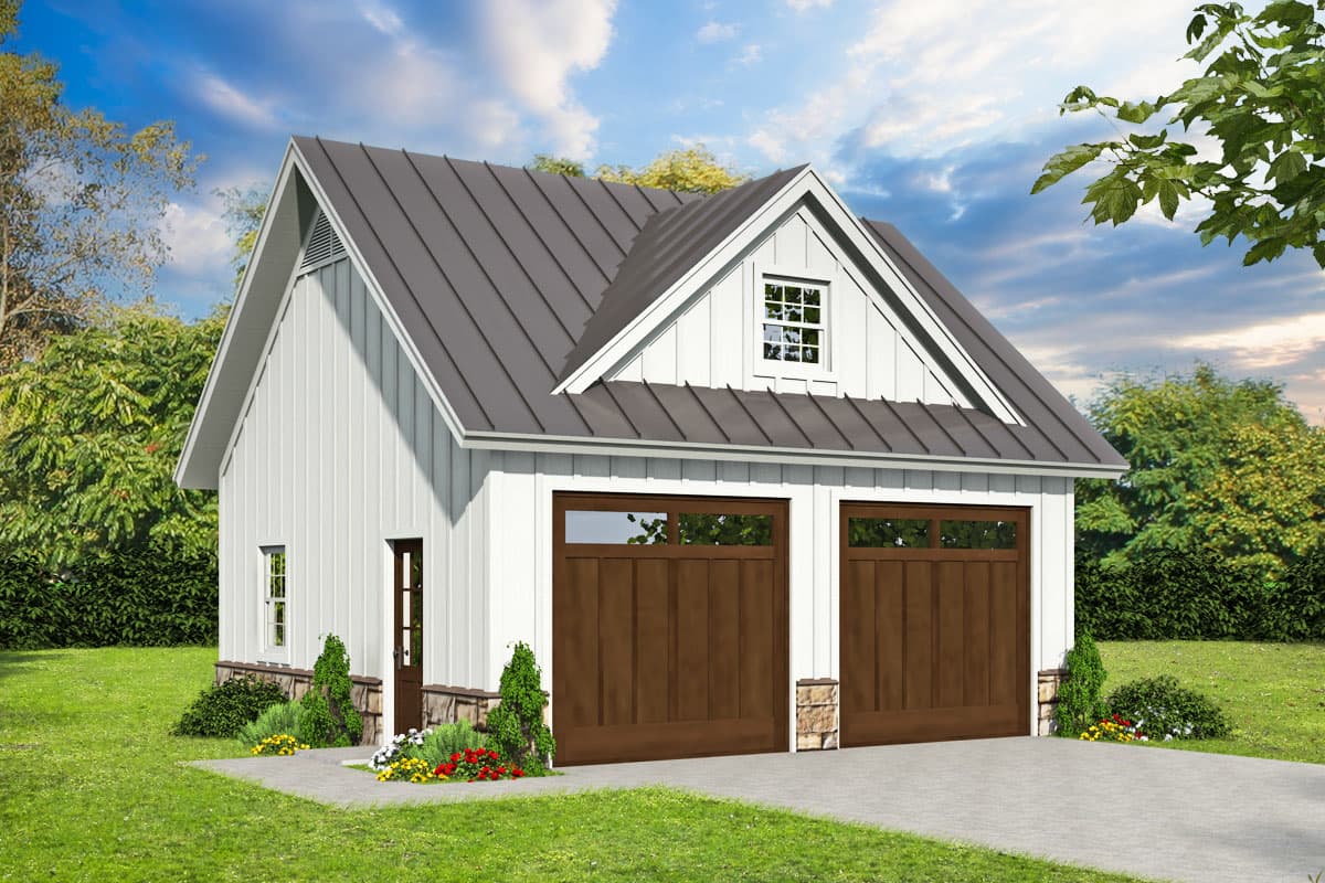 House plan exterior with Craftsman style, single story, and a gable roof. Features include a dormer, two-car garage doors, and stone accents.