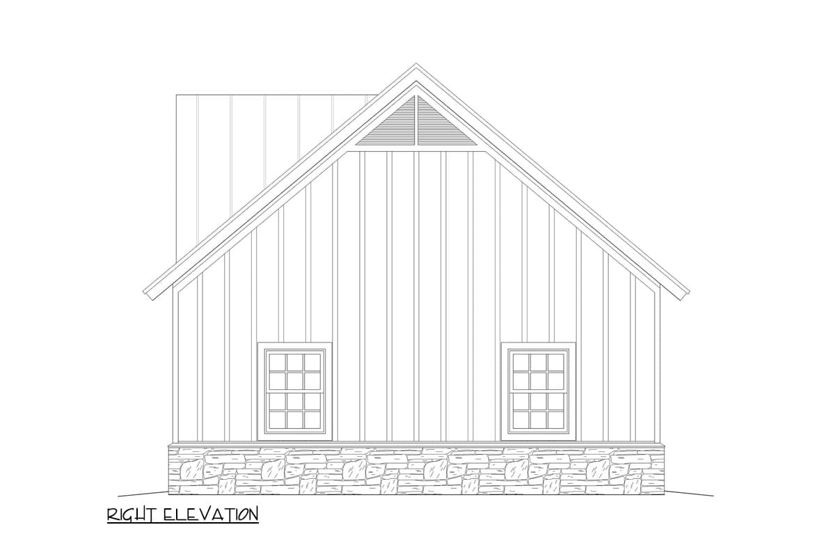 Right elevation drawing of a house plan featuring vertical siding, two windows, stone foundation, and a gable vent.