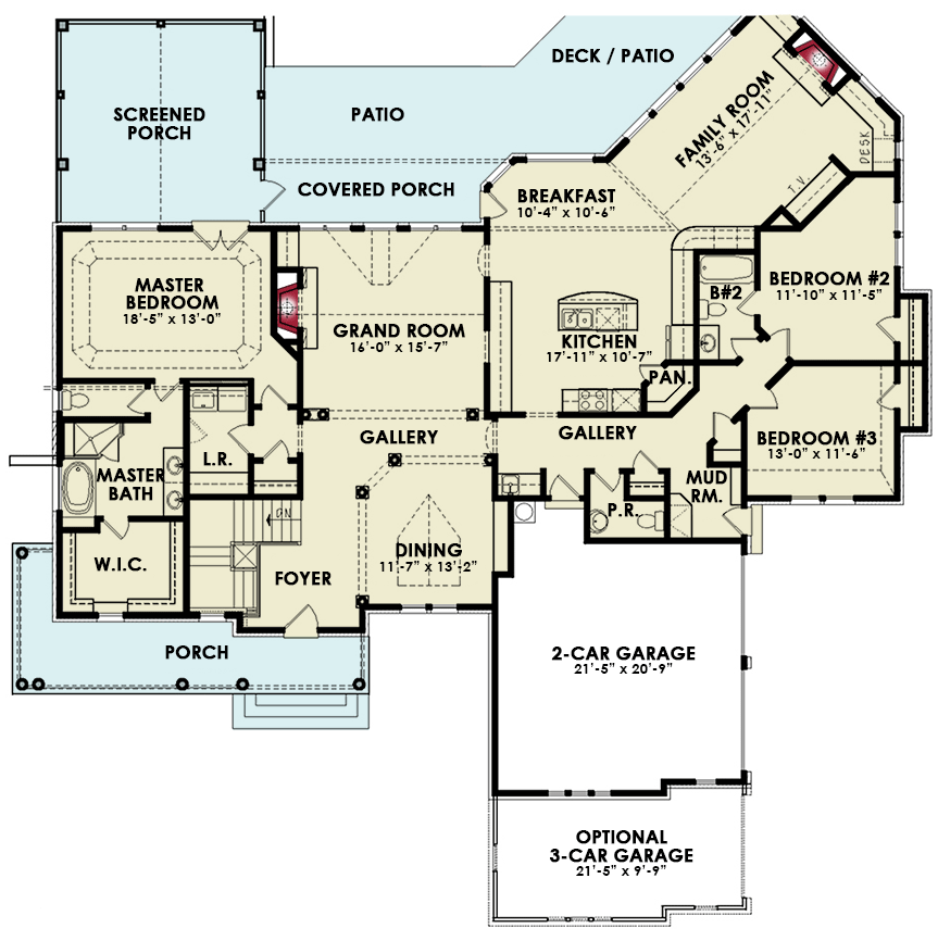 Plan 25823GE: 1-Story Craftsman Mountain House Plan with Angled Family Room - 2648 Sq Ft - Floor Plan - Main Level - Craftsman, Mountain, Rustic, Traditional