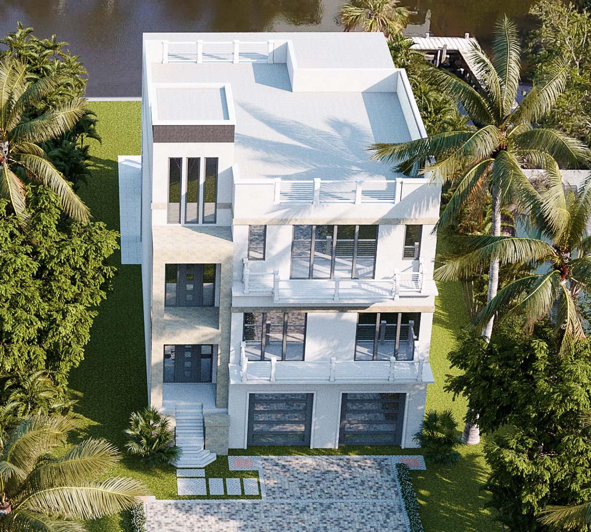 House plan exterior: Modern four-story residence with multiple balconies, large windows, two-car garage, and rooftop deck.