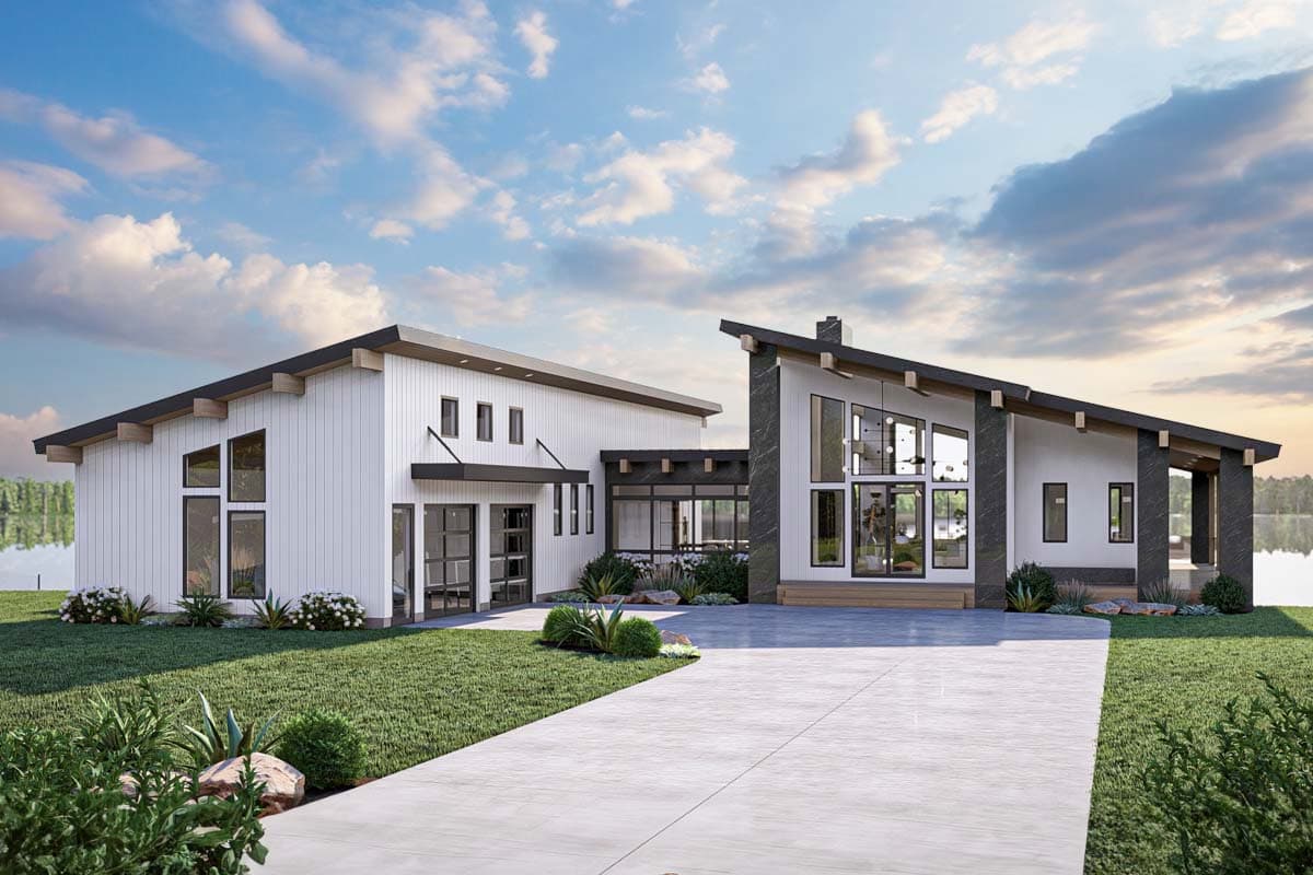 House plan exterior. Modern style with asymmetrical rooflines, large windows, and a detached, covered entryway. Features a concrete driveway.