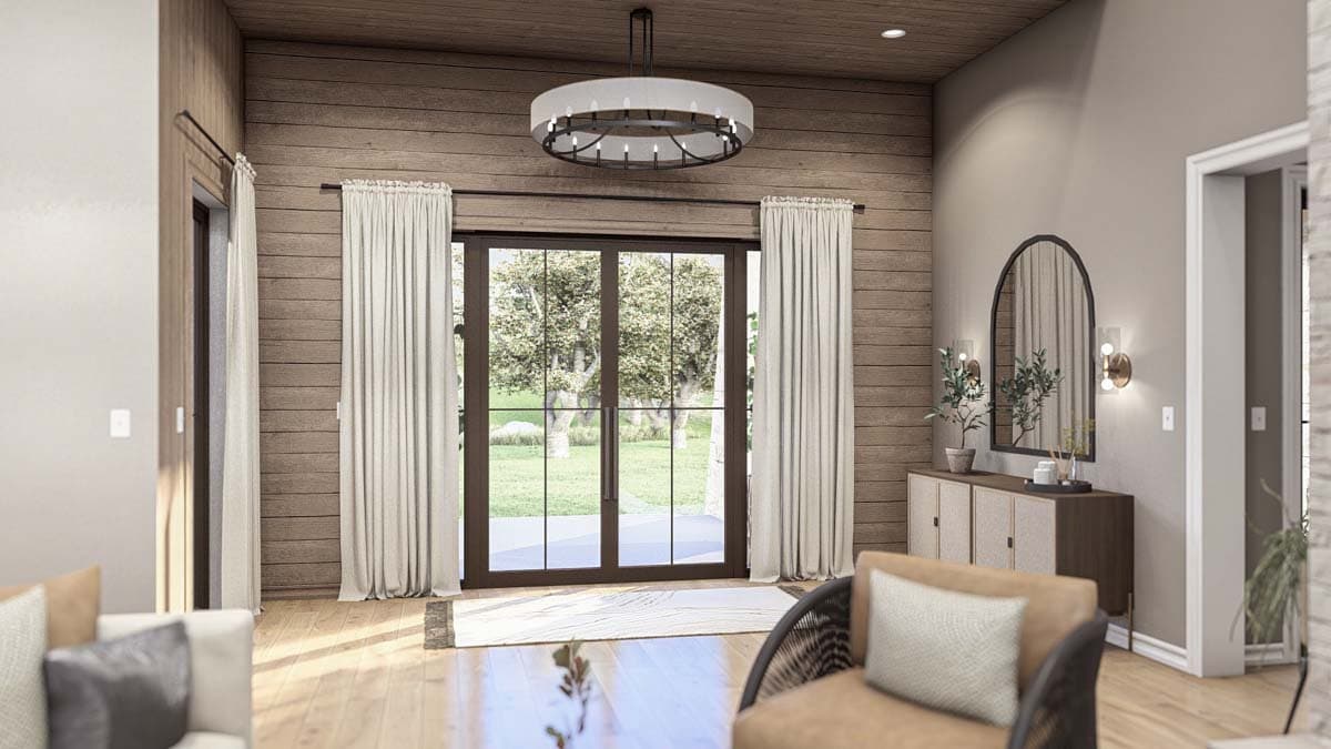 Interior rendering of a great room with wood plank walls, large glass doors, and a contemporary chandelier.