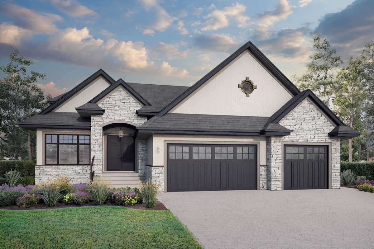 House plan exterior with stone accents, gabled roof, and two-car garage. Features include a covered entry and dormers.