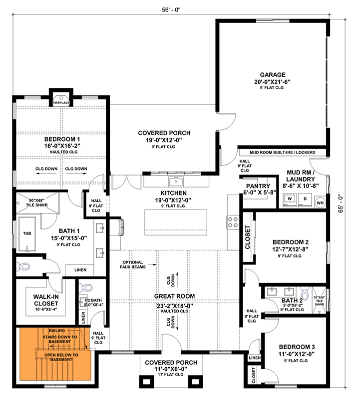 Plan 420142WNT: 2,300 Square Foot Contemporary Ranch with Vaulted Great Room - Floor Plan - Optional Basement Stairs Location - Contemporary, Modern, Ranch