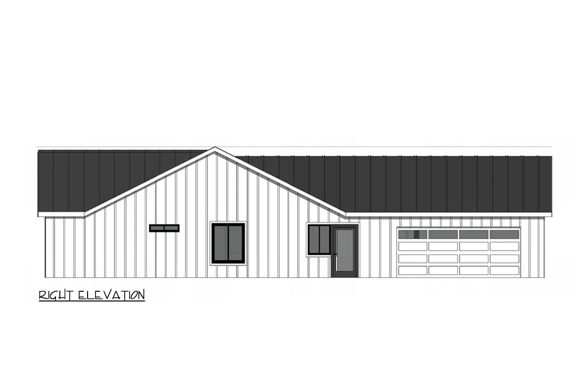 Right elevation of a house plan, featuring vertical siding, a gable roof, two windows, a door, and a garage.