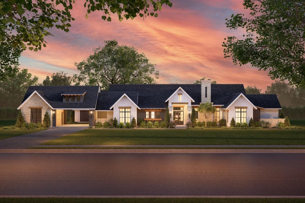 House plan exterior of a single-story Modern Farmhouse with gables, stone accents, dormer, and attached garage.