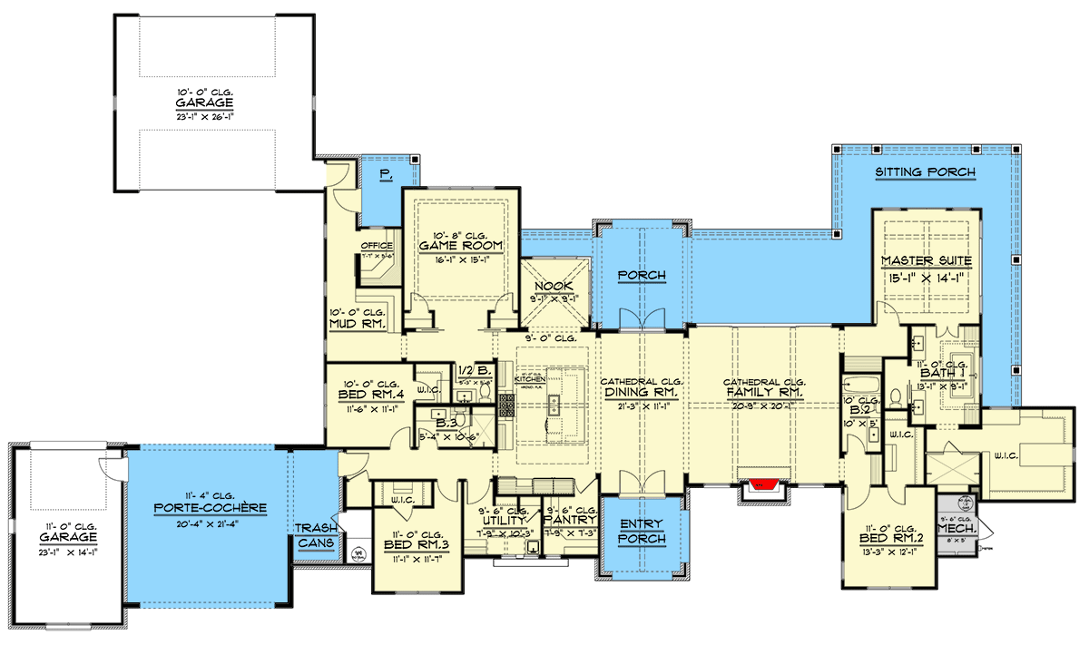 Plan 915060CHP: Modern Farmhouse House Plan for a Very Wide Lot - 3365 Sq Ft - Floor Plan - Main Level - Hill Country, Modern Farmhouse, New American, Ranch