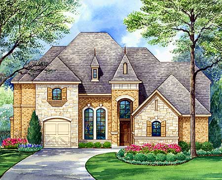 House plan exterior: Two-story home with brick and stone facade, arched windows, dormers, and a steep hip roofline.