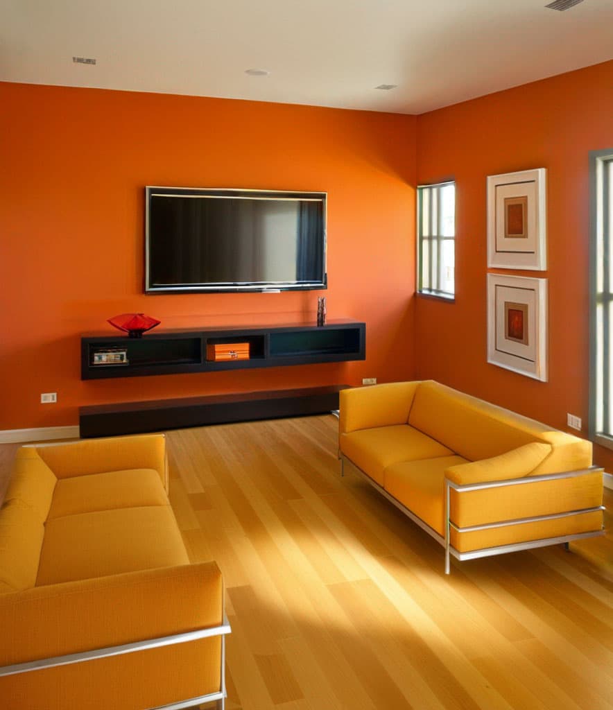 Living room with orange walls, two yellow sofas, wall-mounted media console with television, and wood flooring.