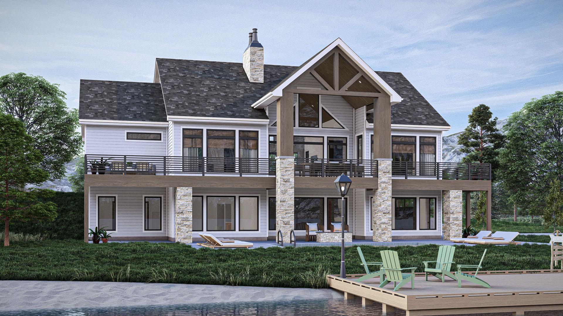 Modern house plan exterior: two stories, multiple balconies, stone and wood accents, prominent gabled entrance, stone chimney.