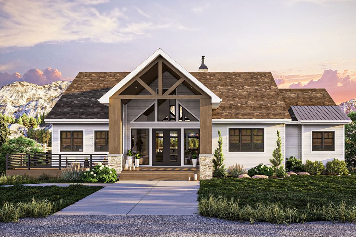 House plan exterior: Single-story Modern Farmhouse with gabled entrance, double front doors, and side deck.