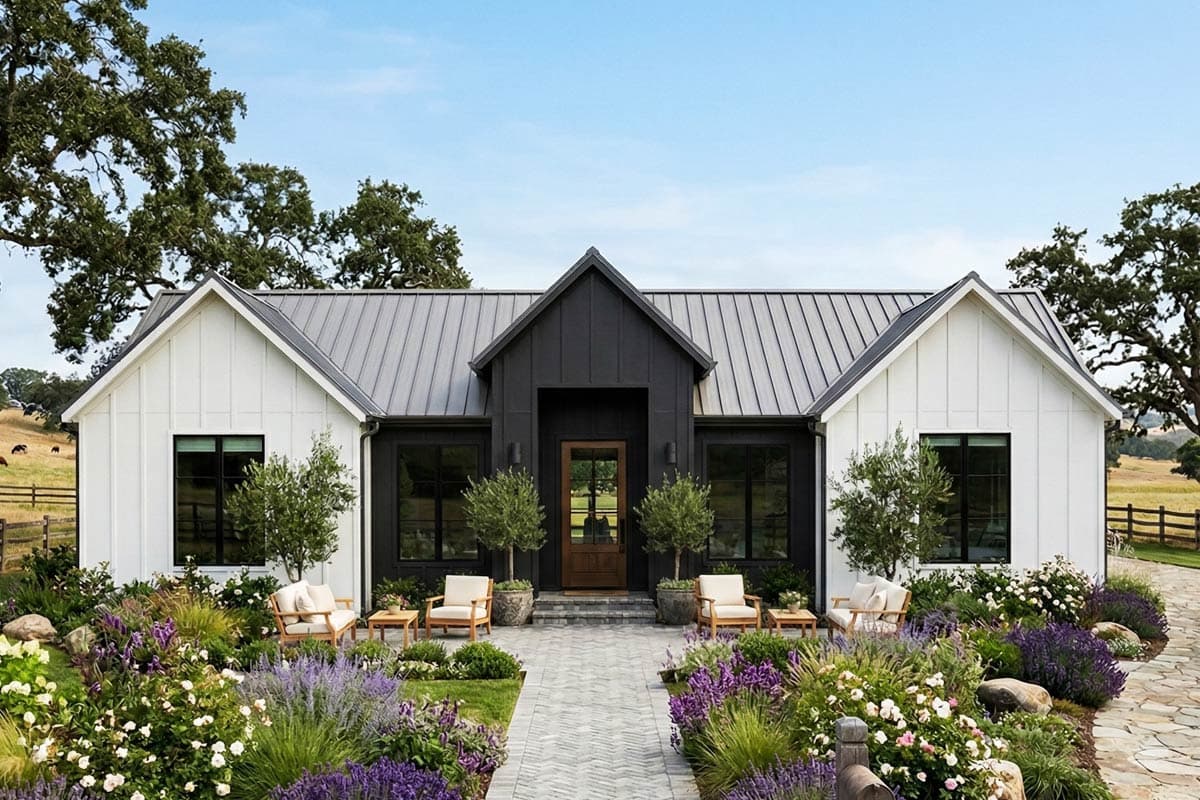 House plan exterior. Modern farmhouse style with gabled roof, board and batten siding, and contrasting black accent gable over entry.