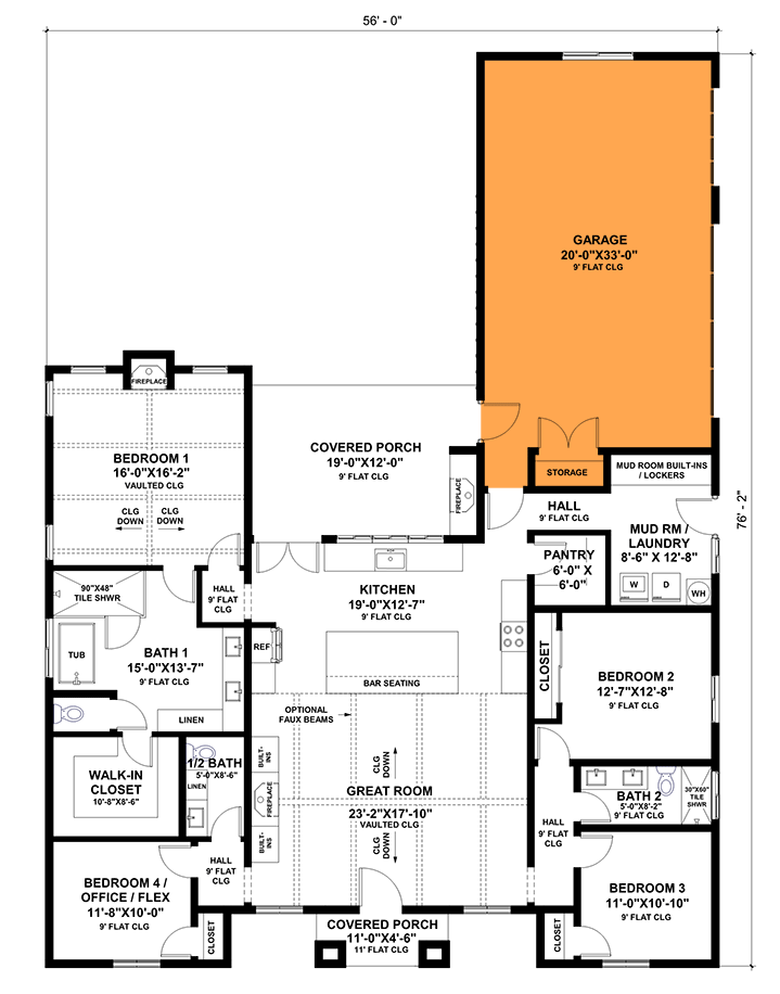 Plan 420143WNT: New American Farmhouse with Flex Room and 2- and 3-Car Garage Options - 2250 Sq Ft - Floor Plan - Optional 3 Car Garage (+$99) - Contemporary, Modern, New American, Ranch, Transitional