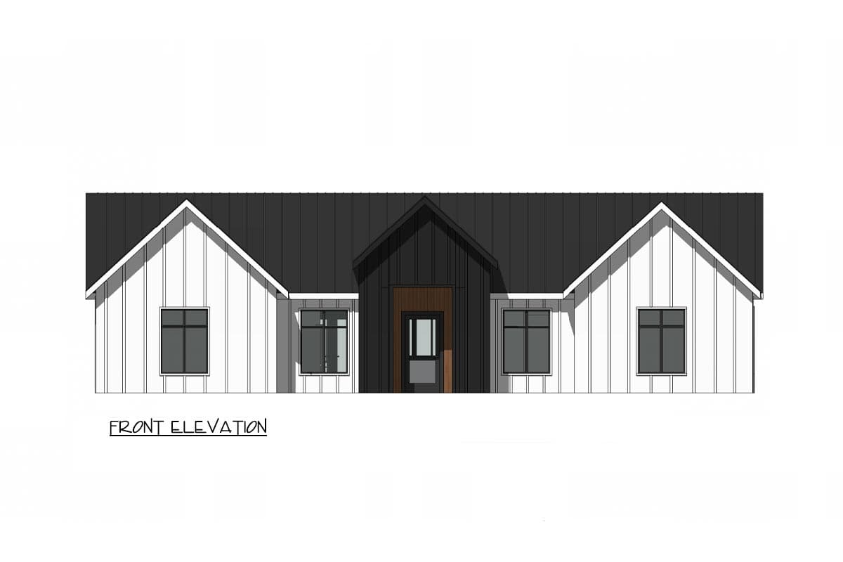 Front elevation drawing of a modern house with vertical siding, gable roofs, and a central entrance.