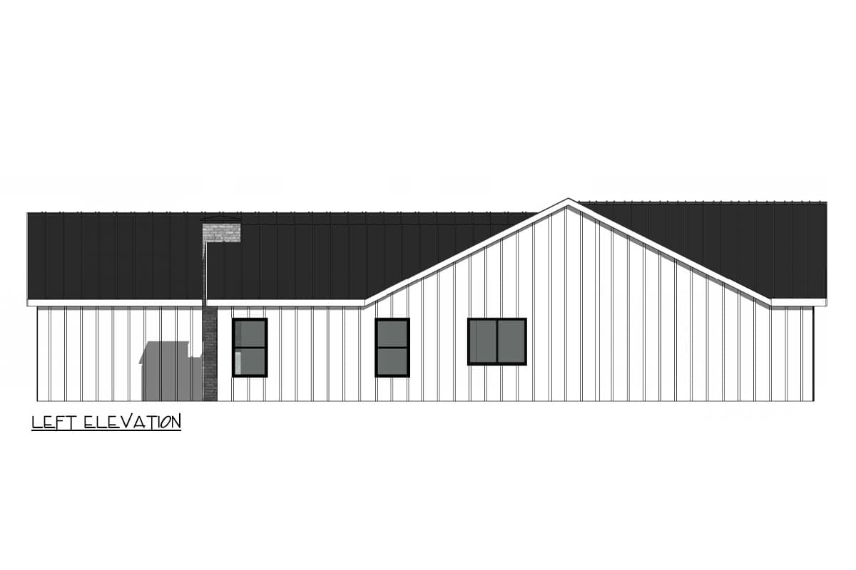 Left elevation of a house plan, showing a vertical board siding, gable roof, and three windows.