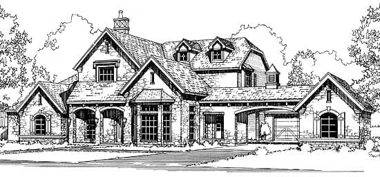 House plan exterior with stone facade, covered entry, dormers, and attached garage.