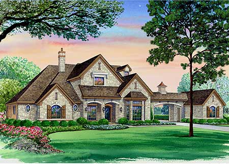 House plan exterior: Stone and shingle facade with arched entry, multiple gables, and attached garage with breezeway.