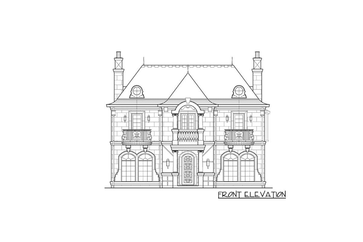 Front elevation drawing of a two-story French-style house with dormers, balconies, and ornate entry.