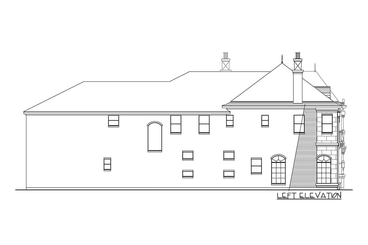 Left elevation drawing of a house plan featuring multiple stories, varied window styles, chimneys, and complex rooflines.