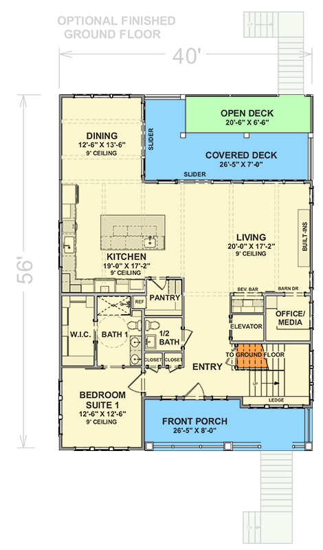 Plan 765054TWN: Low Country House Plan with 4 Beds and an Elevator for Ease of Access - 3121 Sq Ft - Floor Plan - Main Level - Beach, Coastal, Coastal Contemporary, Low Country