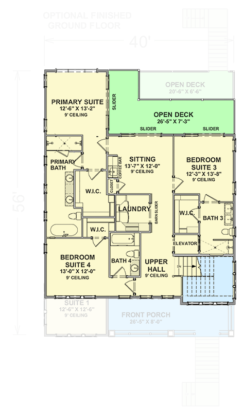 Plan 765054TWN: Low Country House Plan with 4 Beds and an Elevator for Ease of Access - 3121 Sq Ft - Floor Plan - 2nd Floor - Beach, Coastal, Coastal Contemporary, Low Country
