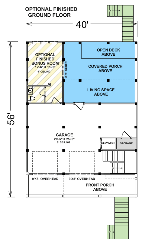Plan 765054TWN: Low Country House Plan with 4 Beds and an Elevator for Ease of Access - 3121 Sq Ft - Floor Plan - Lower Level With Optional Bonus Room ($150) - Beach, Coastal, Coastal Contemporary, Low Country
