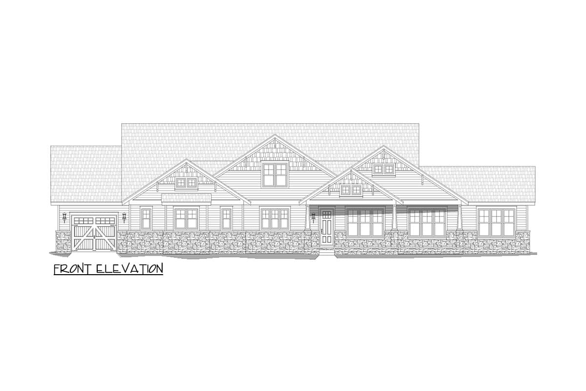 Front elevation of a single-story house plan with a stone foundation, multiple gables, and an attached garage with a carriage door.