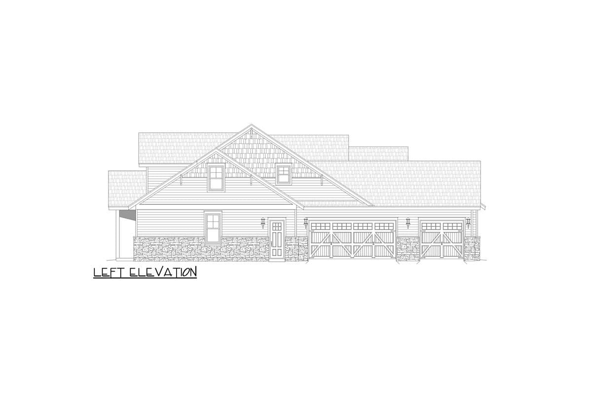 Left elevation house plan featuring stone accents, horizontal siding, gable dormers, and a four-car garage.