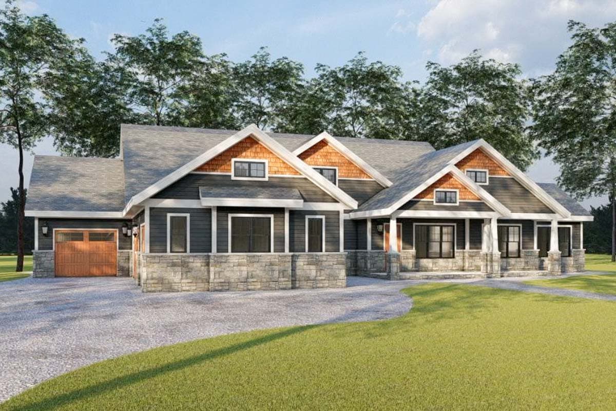 House plan exterior with Craftsman-style elements. Features include a front porch, multiple gables, and a stone facade. Single-story construction.