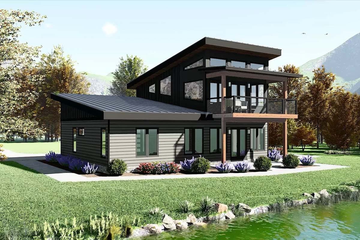 Modern house plan exterior, two stories, features a cantilevered upper level balcony, sloped metal roof, and extensive windows.