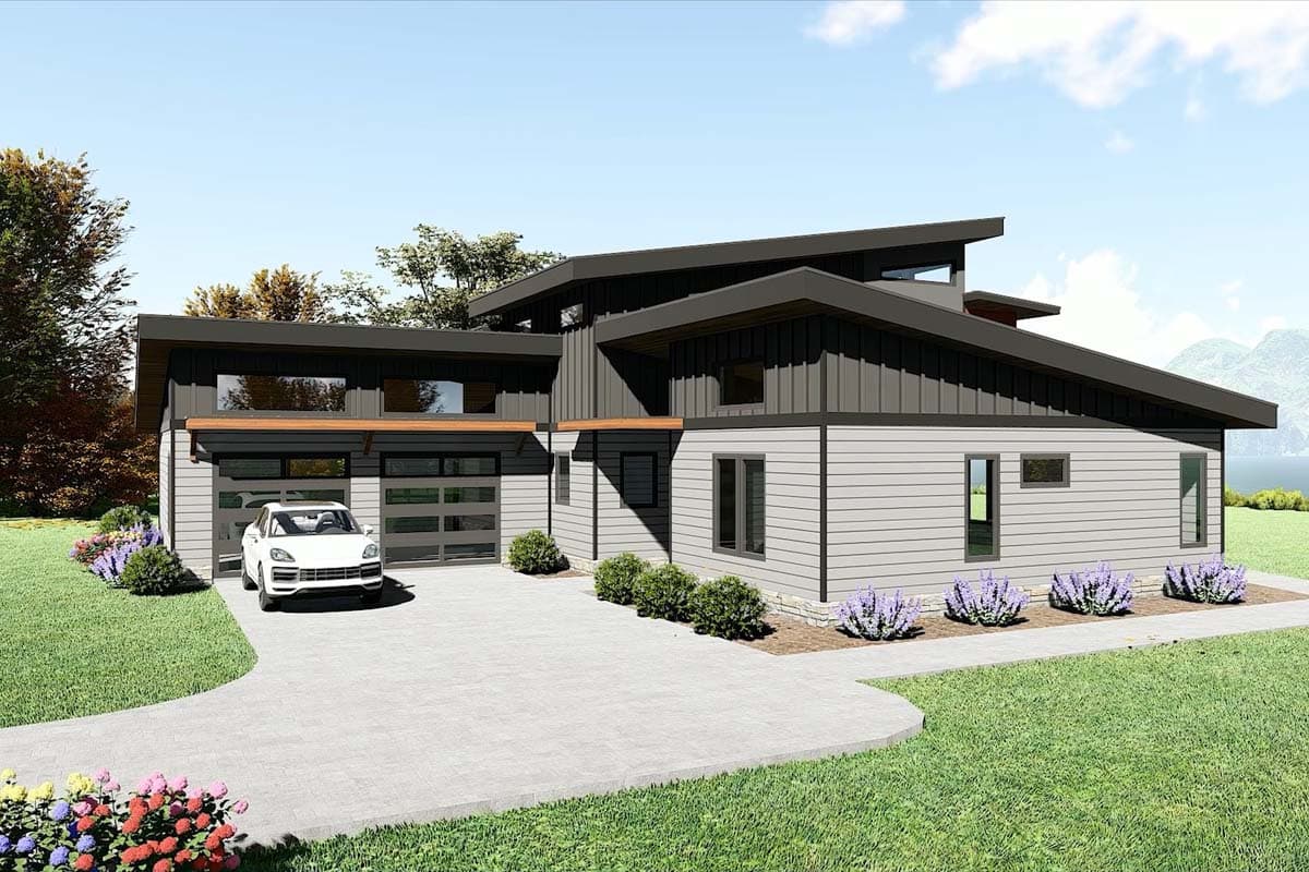House plan exterior: Modern style, one story, with a multi-level roof, two-car garage, and wide windows.