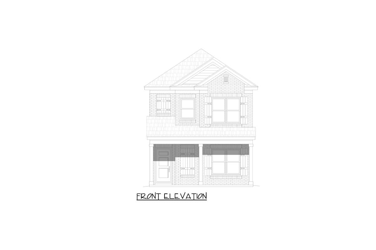 Front elevation drawing of a two-story house with a covered porch, gables, and brick detailing.