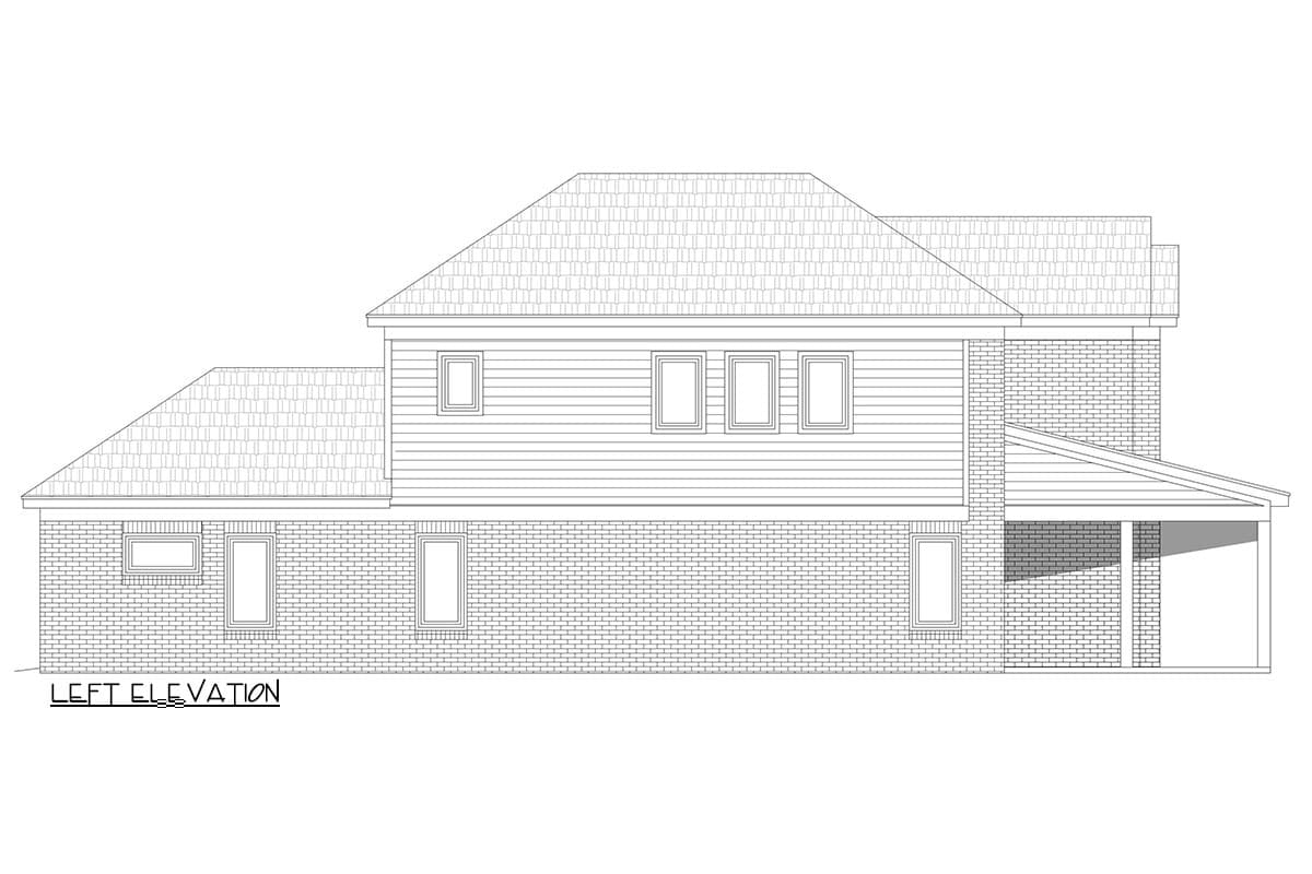 Left elevation house plan with brick lower story, vinyl siding upper story, multiple gables, and covered entrance.