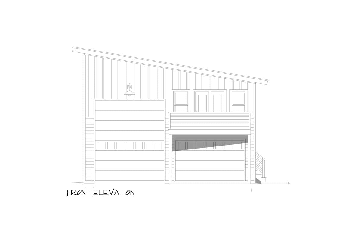 Front elevation drawing of a modern house with a steeply sloped roof, two garage doors, and a balcony above the right garage.