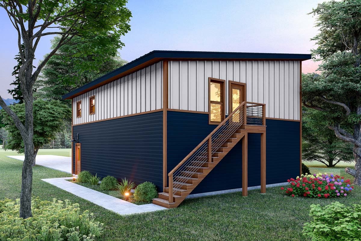 House plan exterior, two stories, dark blue horizontal siding, white vertical siding, exterior stairs, and wooden-framed windows.