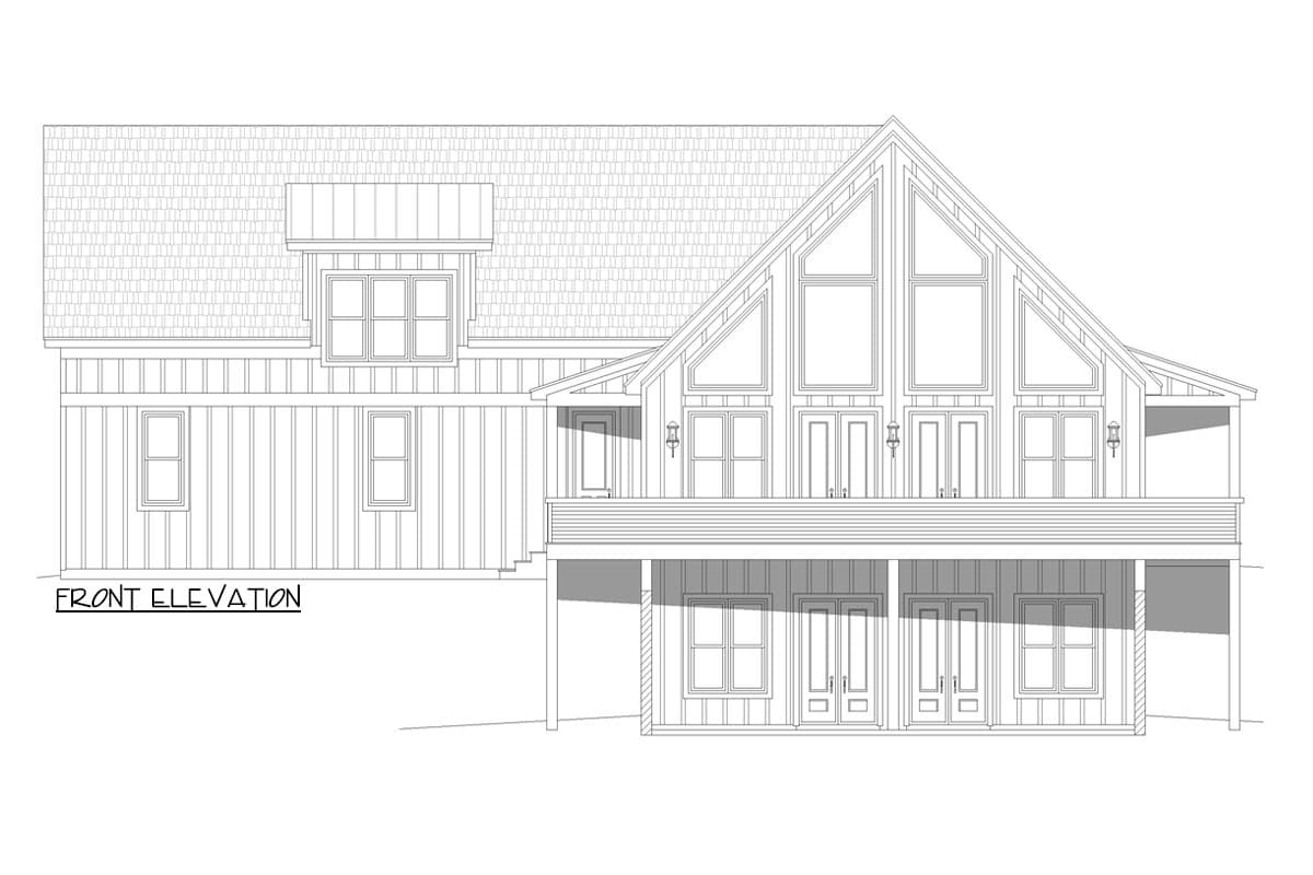 Front elevation house plan showing a two-story home with vertical siding, a dormer, large gable windows, and a wraparound deck.