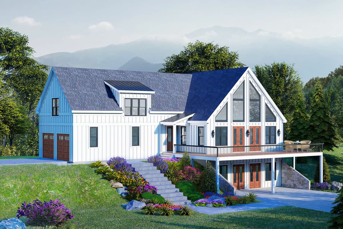 House plan exterior. Two-story Modern Farmhouse with a gable roof, dormers, and a covered porch. Features a two-car garage and large windowed gables.
