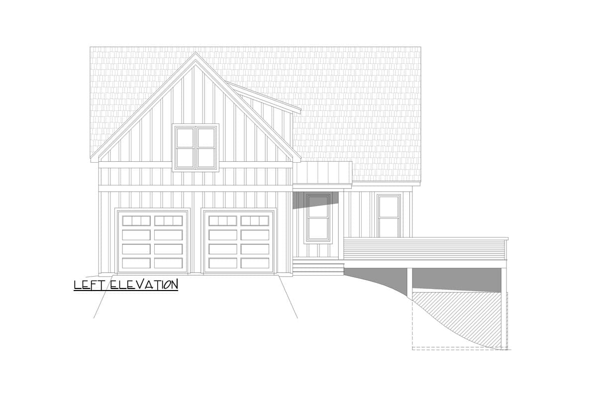 Left elevation house plan showing a two-story home with a gable roof, vertical siding, double garage, and a deck.