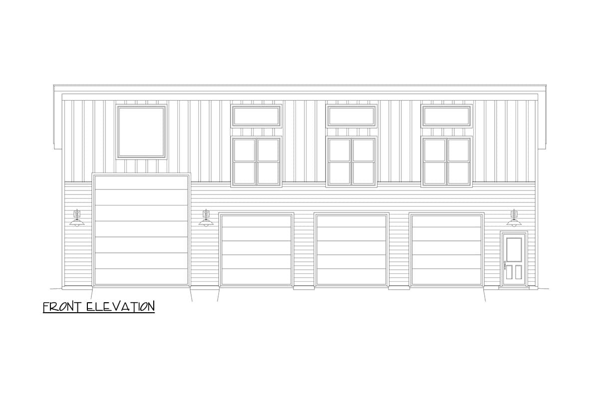 Front elevation of a house plan showing four garage doors, a single entry door, and upper-level windows.