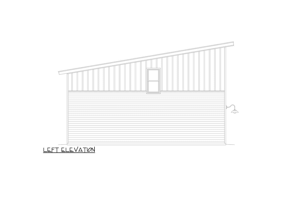 Left elevation drawing of a house plan with a sloped roof, siding, and a single window.