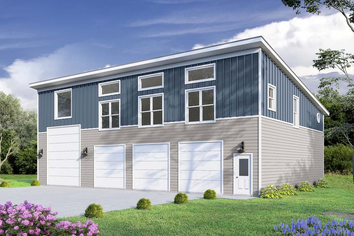 House plan exterior with two stories, three-car garage, and multiple rectangular windows. Features a flat roof and vertical siding.