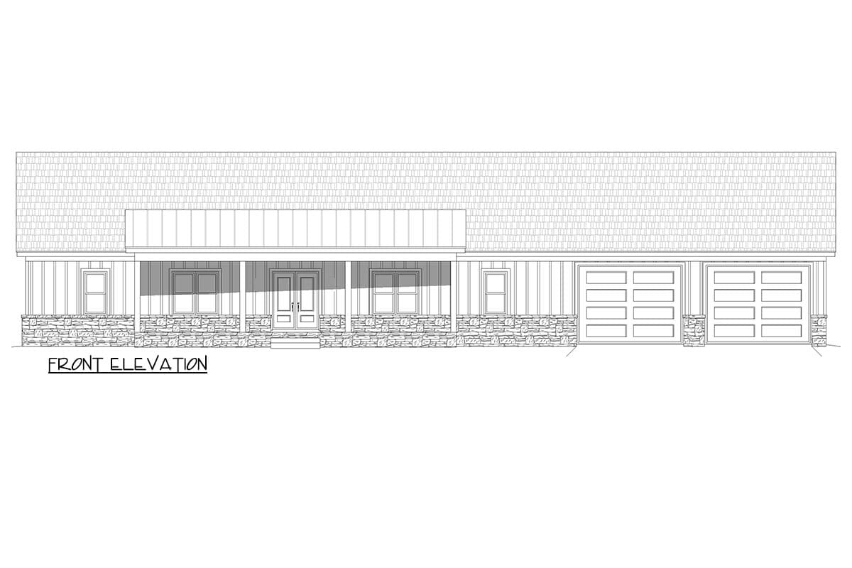 Front elevation drawing of a house plan with a covered porch, double entry doors, and a three-car garage.