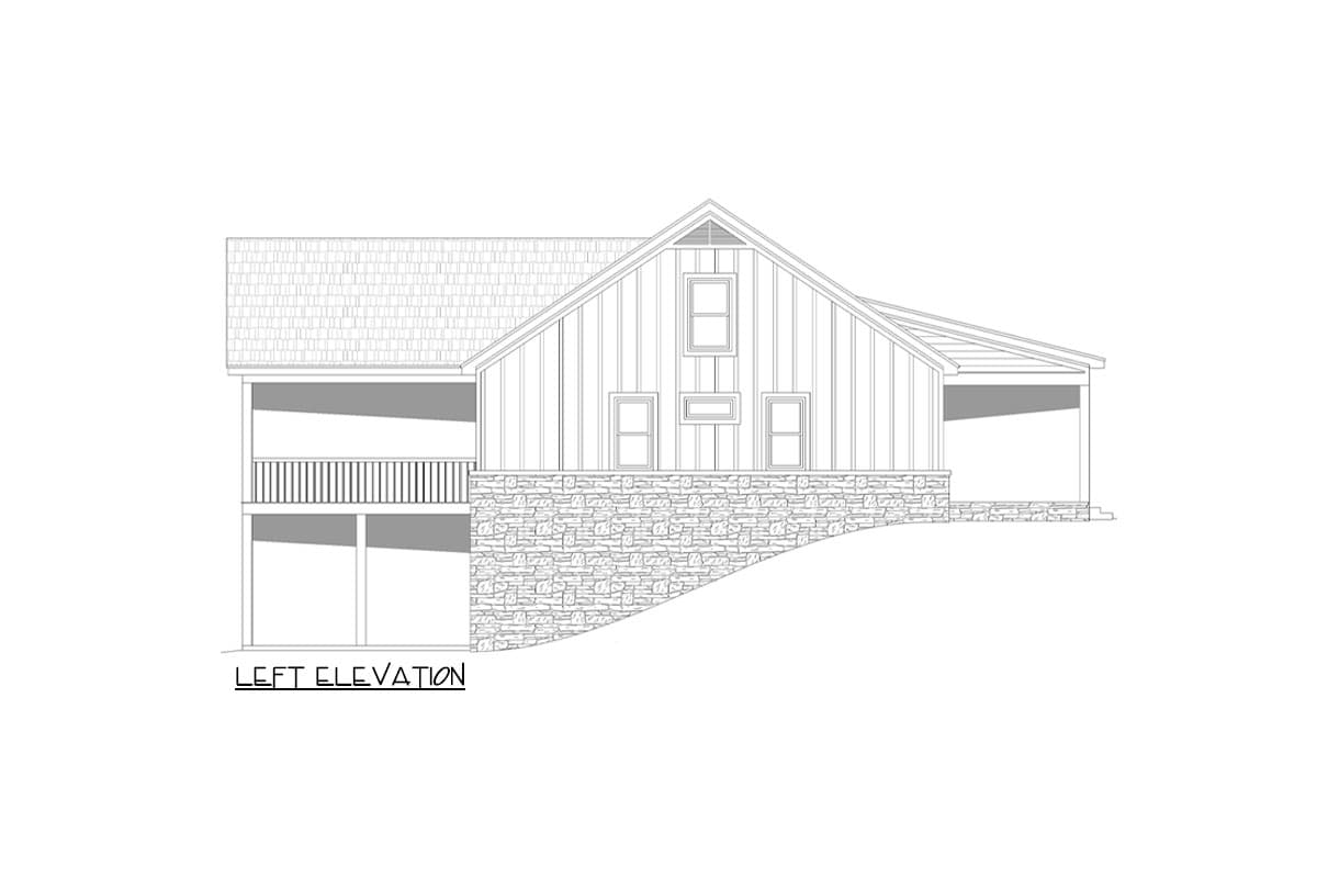Left elevation drawing of house plan featuring stone base, vertical siding, gable with dormer windows, and covered porch.