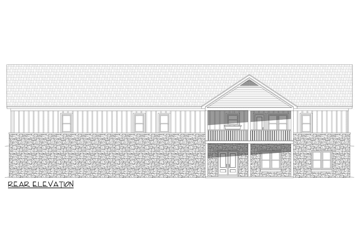 Rear elevation drawing of a house with stone base, vertical siding, and a covered balcony with a gabled roof.