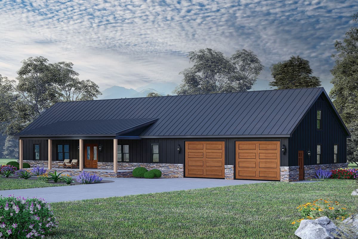 House plan exterior with board and batten siding, metal roof, covered porch, and attached garage with wood doors.