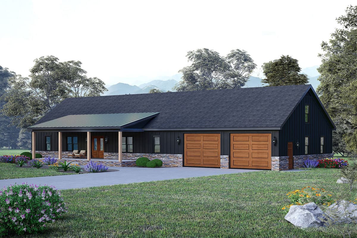 Modern Farmhouse style house plan exterior with covered porch, stone accents, and a three-car garage.