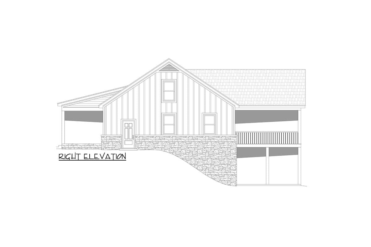 Right elevation house plan with stone base, board and batten siding, covered porch, and second-story deck.